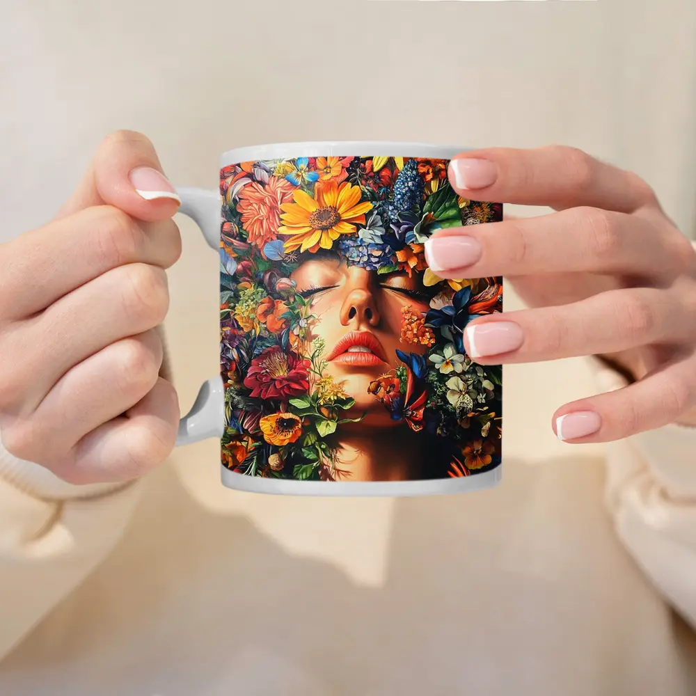 Woman Face Surrounded By Colorful Wildflowers Art – Mugs