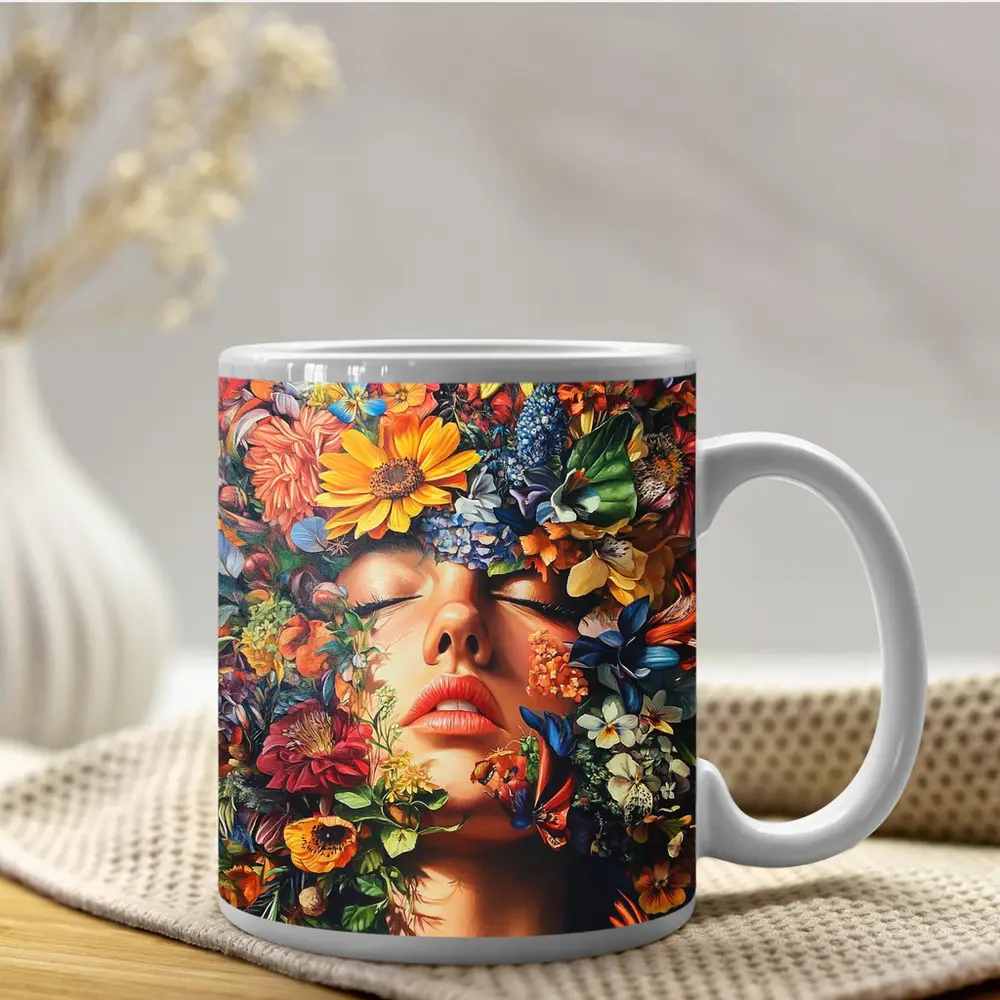 Woman Face Surrounded By Colorful Wildflowers Art – Mugs
