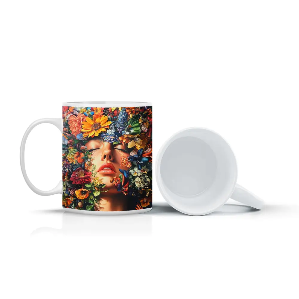 Woman Face Surrounded By Colorful Wildflowers Art – Mugs