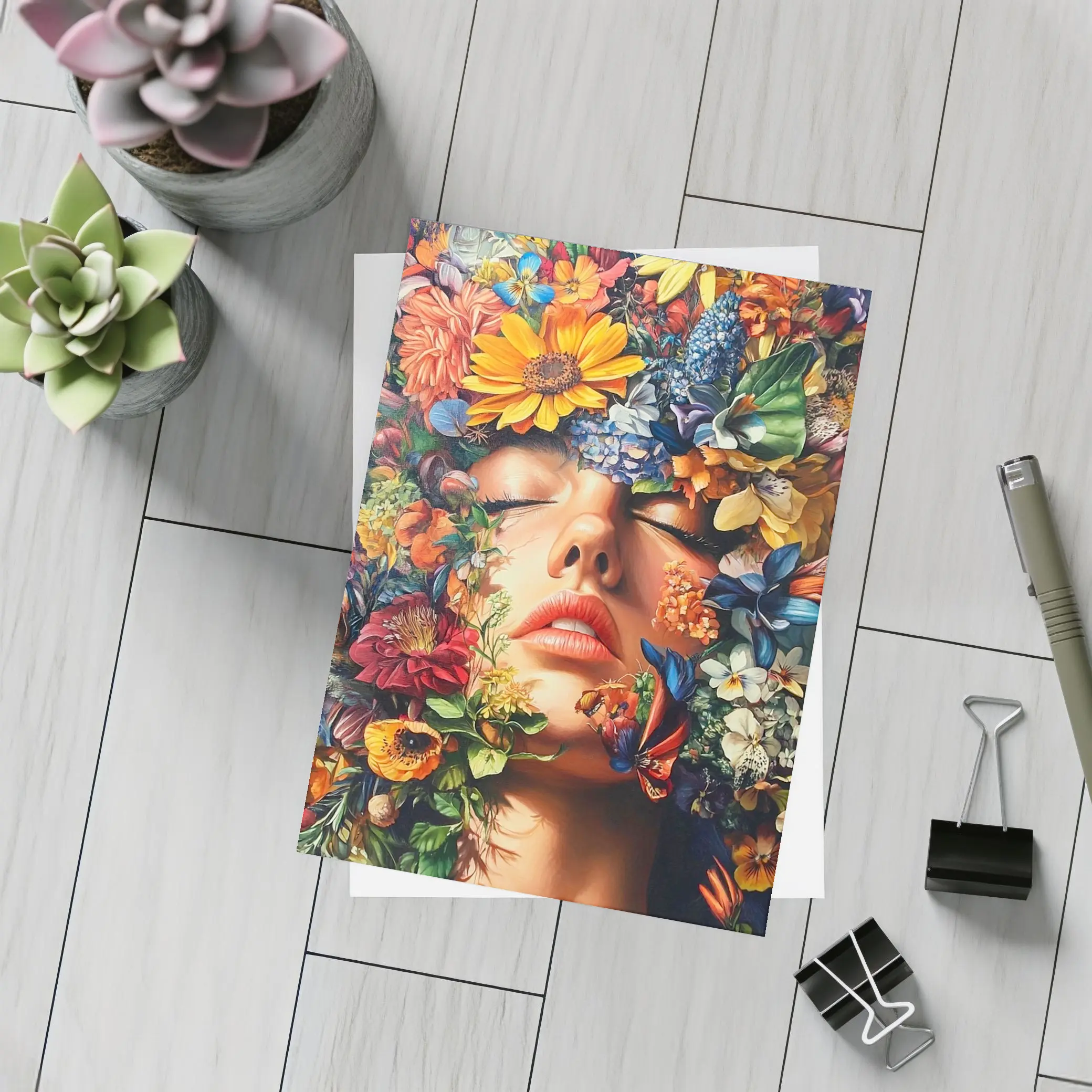 Woman Face Surrounded By Colorful Wildflowers Art – Postcards