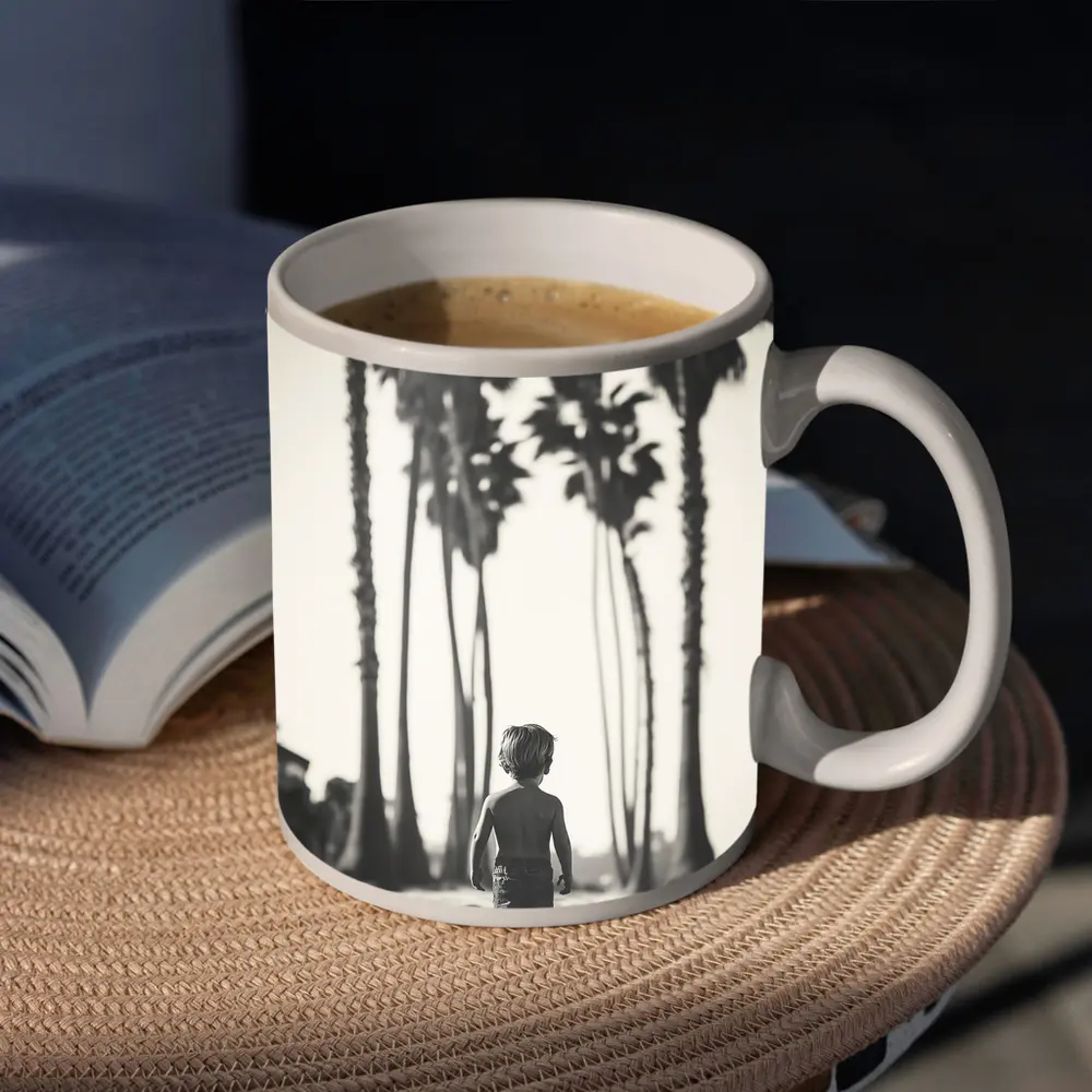 Boy Walking on Beach Among Palm Trees – Mugs