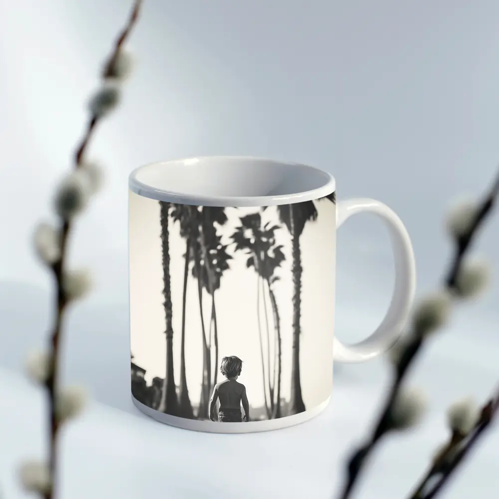 Boy Walking on Beach Among Palm Trees – Mugs