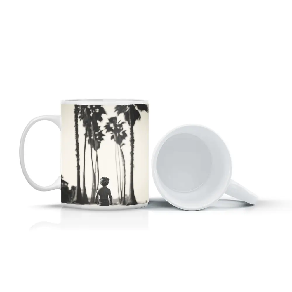 Boy Walking on Beach Among Palm Trees – Mugs
