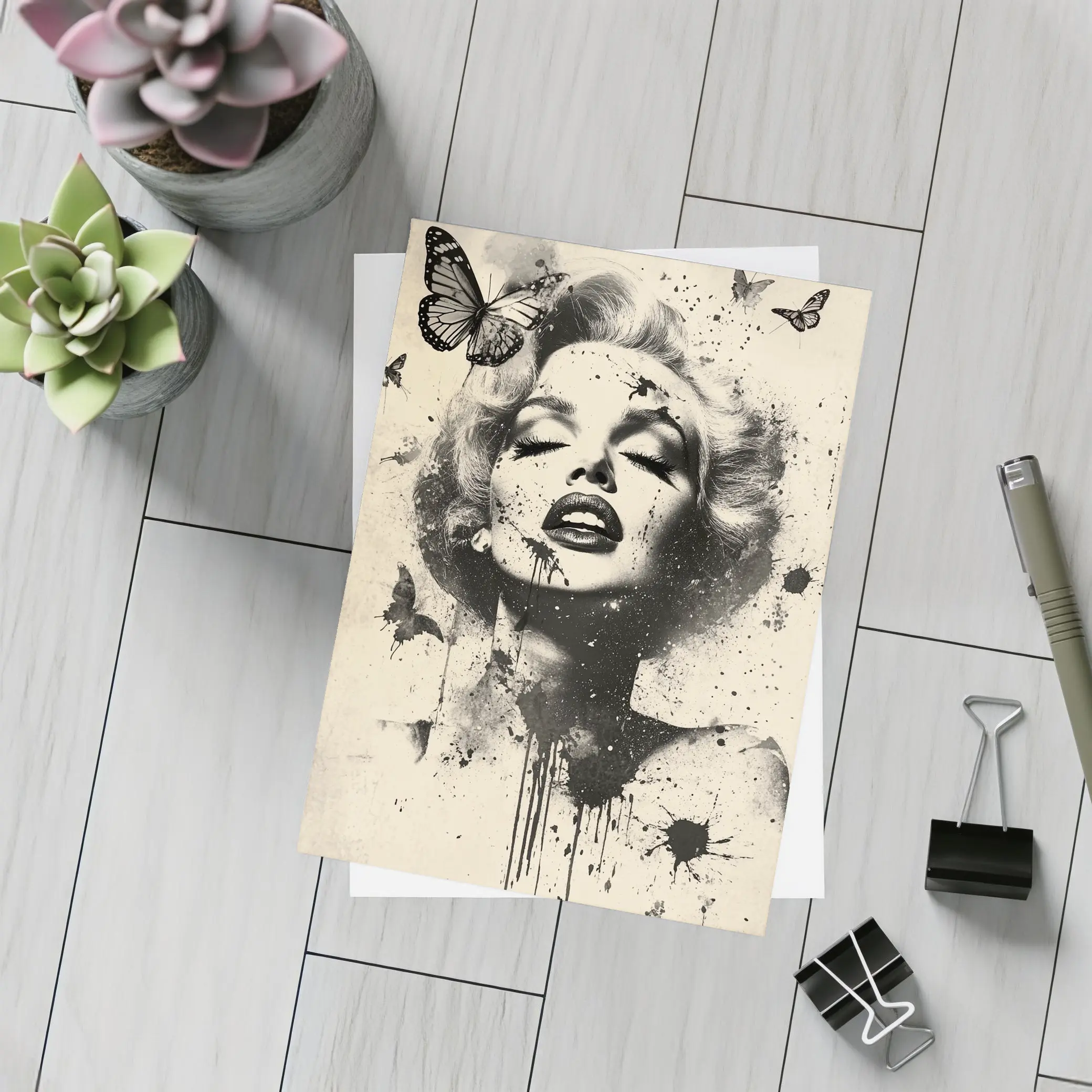 Marilyn Monroe Black White Ink Splash Butterflies – Postcards