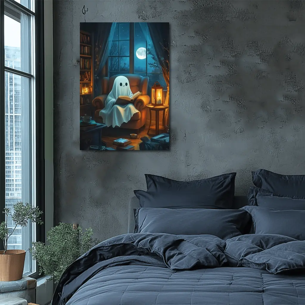 Cute Ghost Reading Book Cozy Night – Wall Art