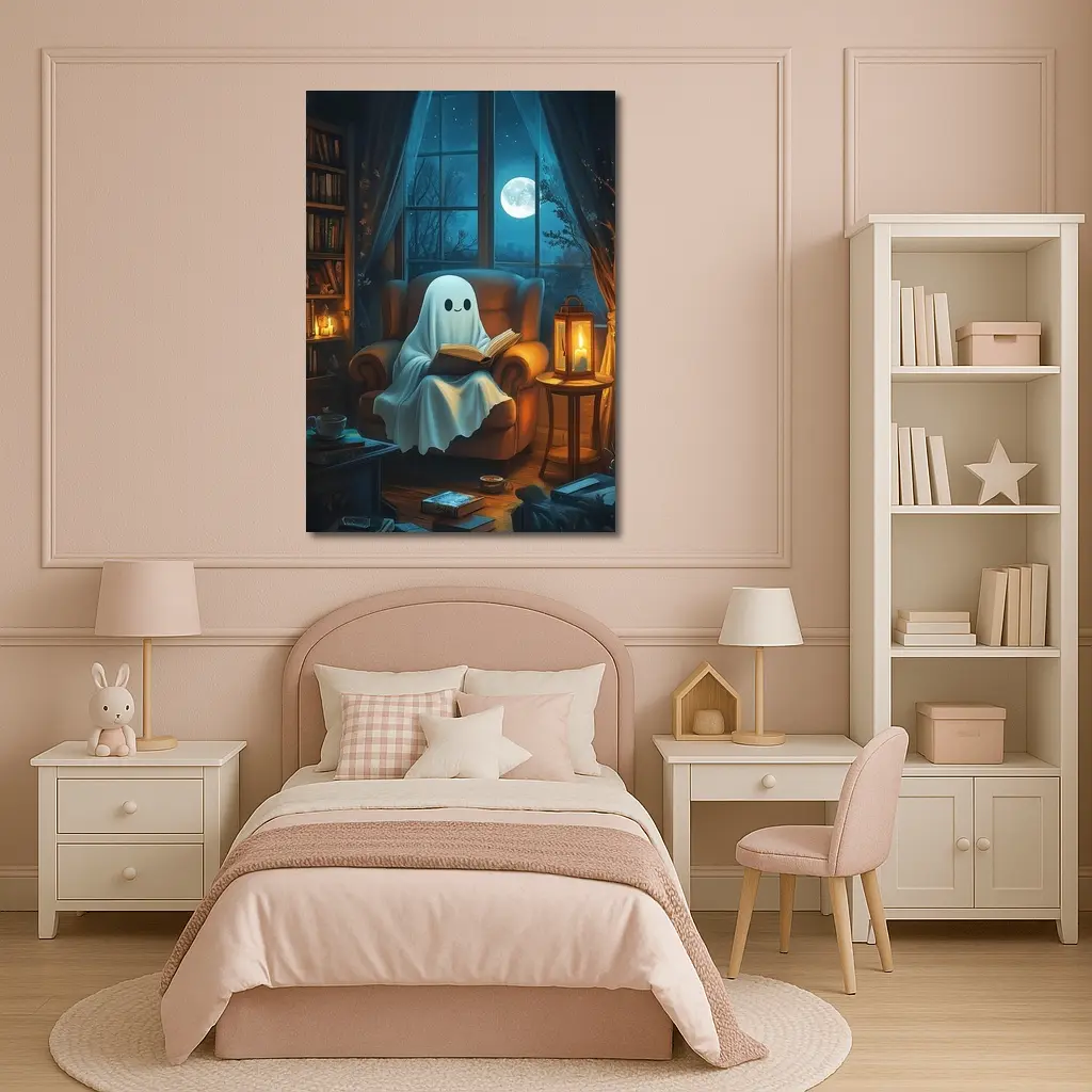 Cute Ghost Reading Book Cozy Night – Wall Art
