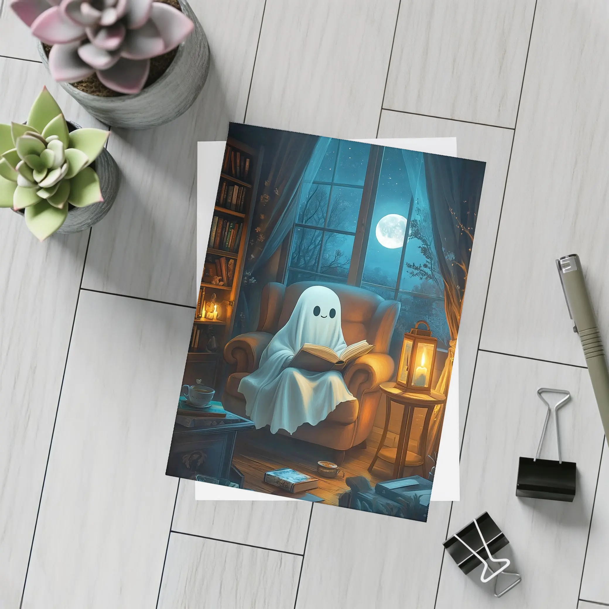 Cute Ghost Reading Book Cozy Night – Postcards