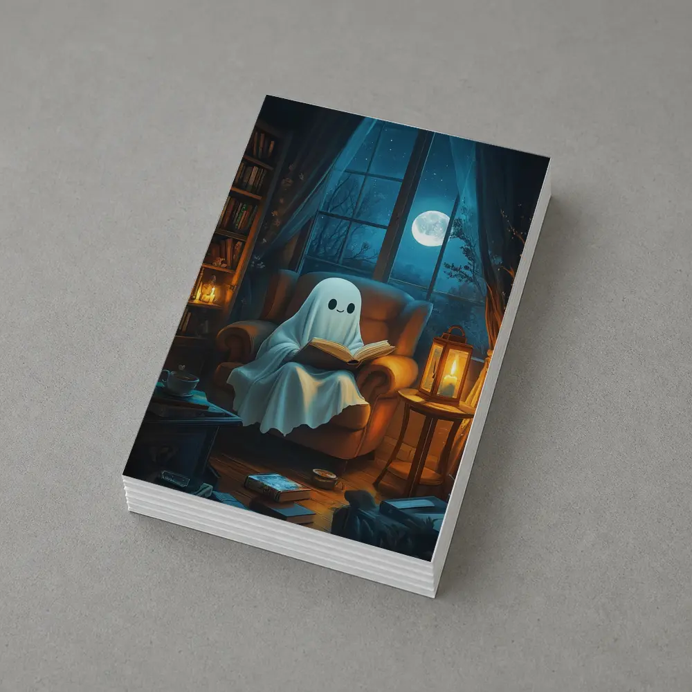 Cute Ghost Reading Book Cozy Night – Postcards