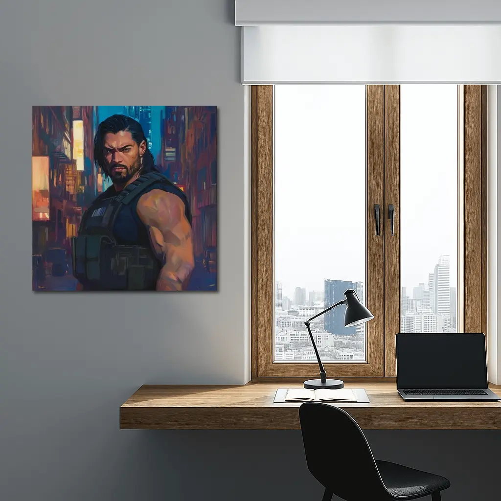 Muscular Warrior Oil Painting Neon City – Wall Art