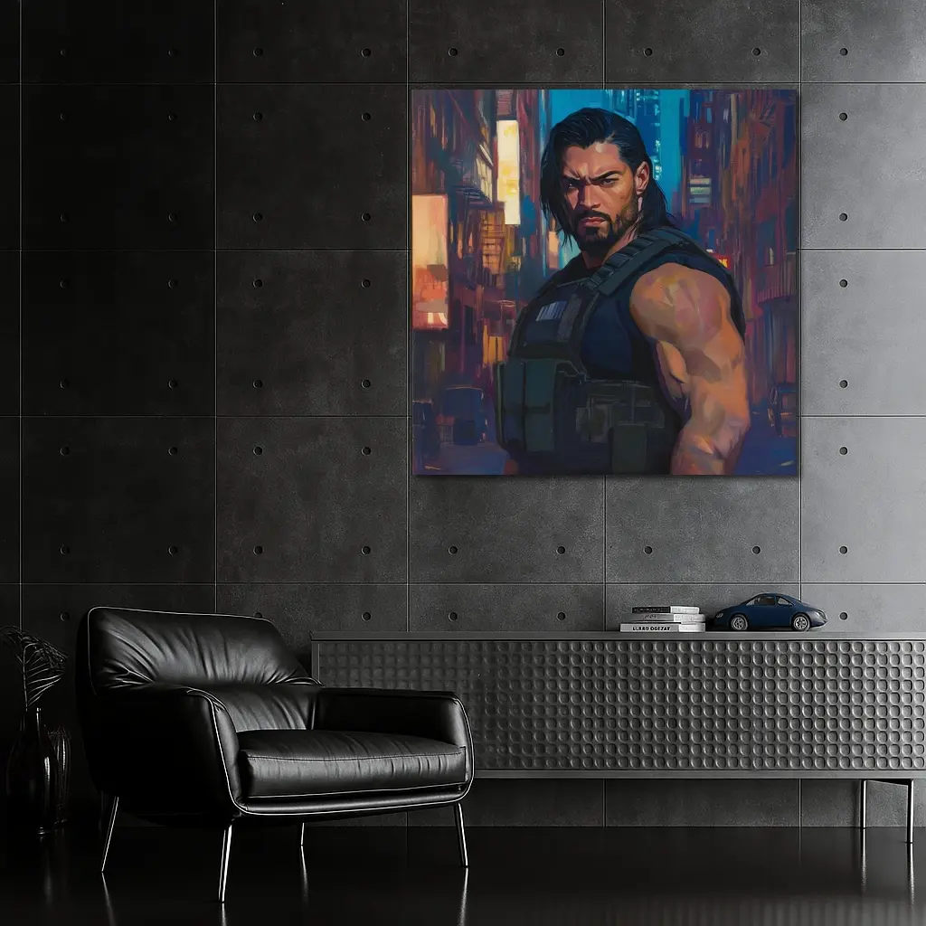 Muscular Warrior Oil Painting Neon City – Wall Art