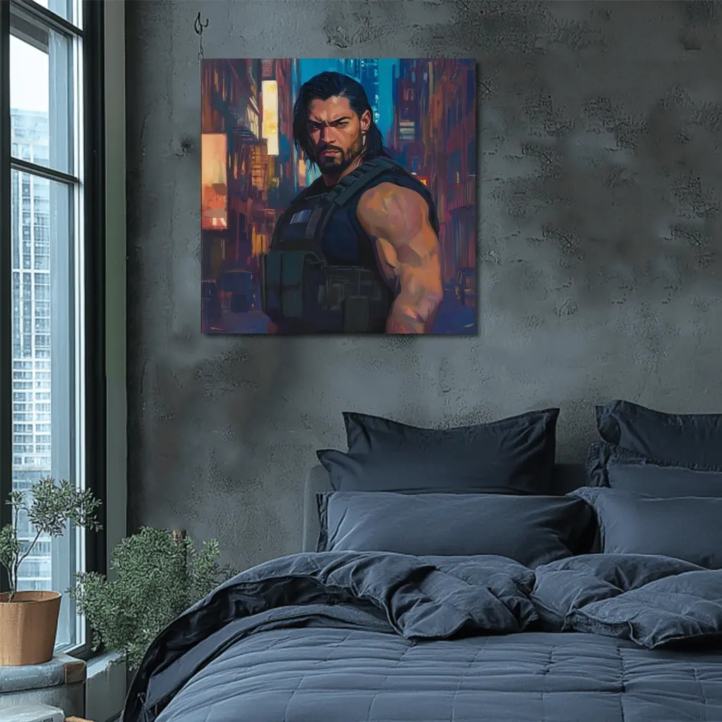 Muscular Warrior Oil Painting Neon City – Wall Art