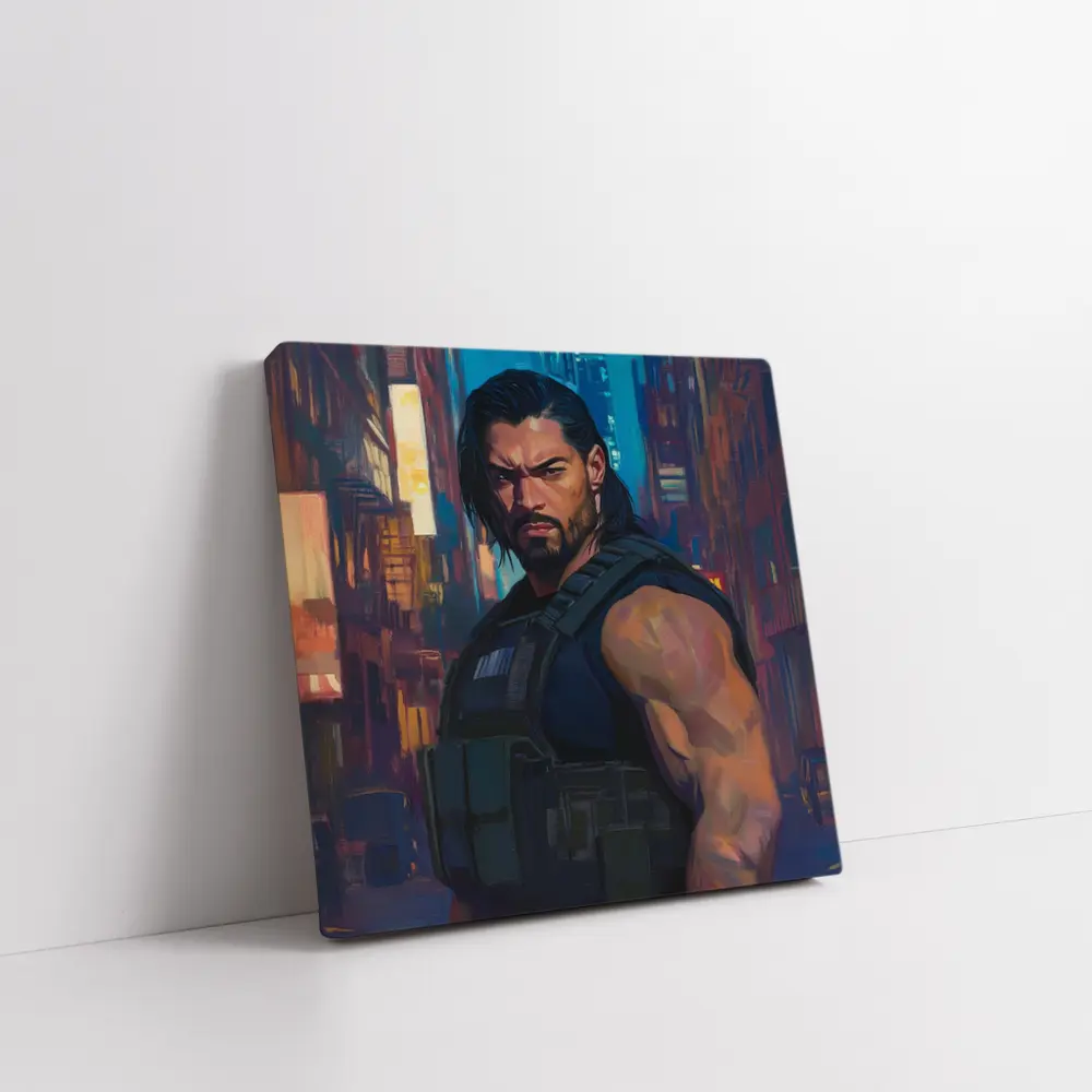 Muscular Warrior Oil Painting Neon City – Wall Art