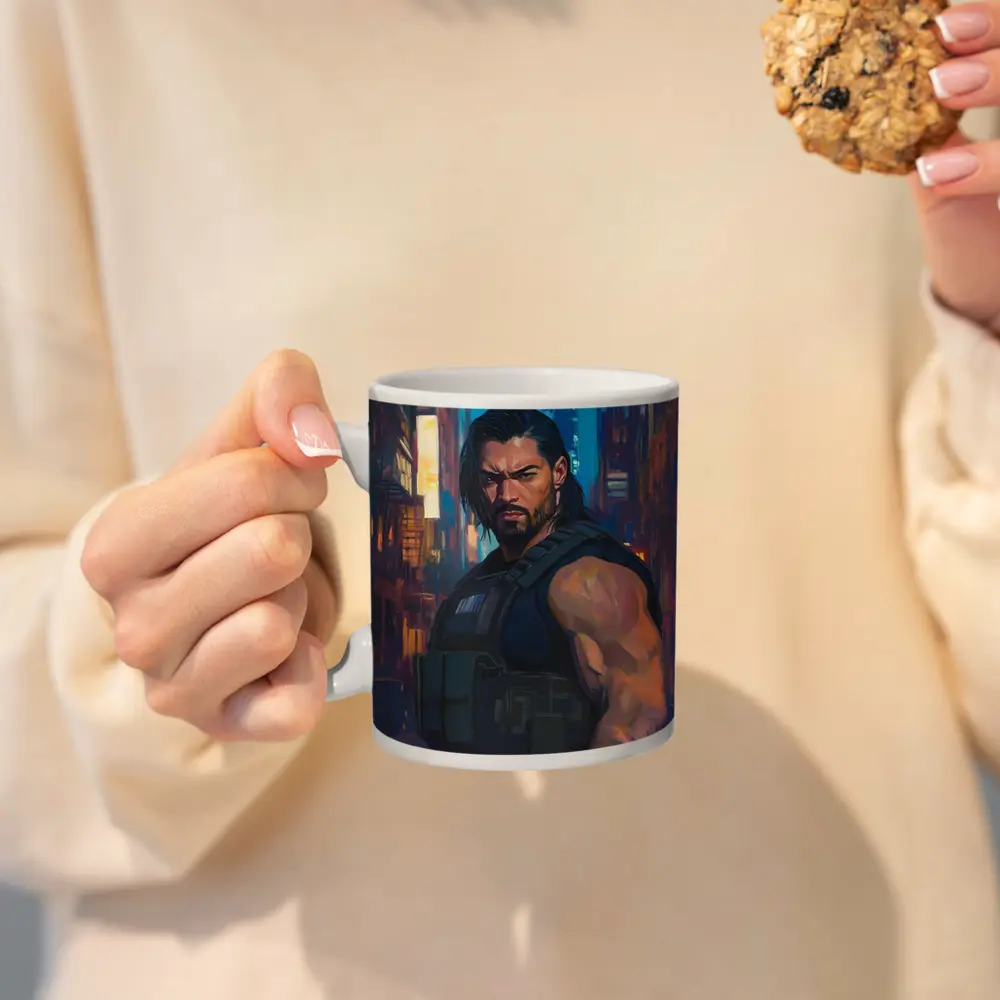 Muscular Warrior Oil Painting Neon City – Mugs