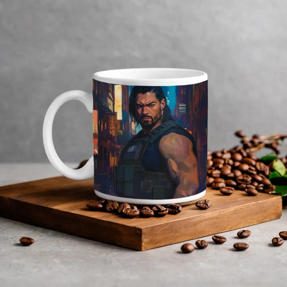 Muscular Warrior Oil Painting Neon City – Mugs