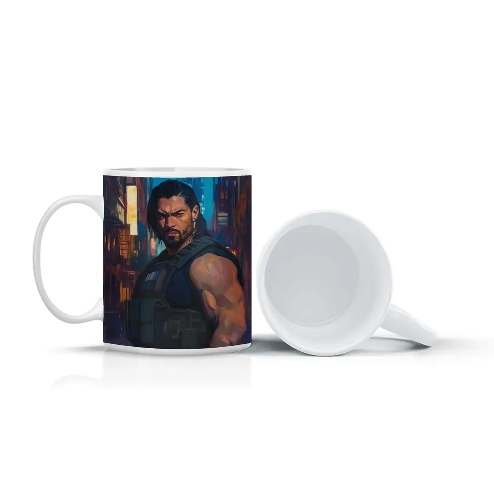 Muscular Warrior Oil Painting Neon City – Mugs