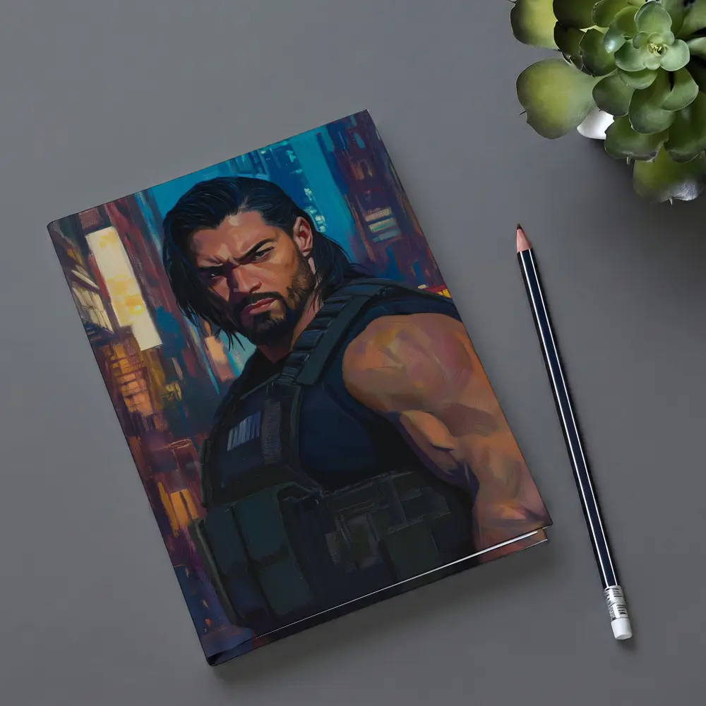 Muscular Warrior Oil Painting Neon City – Notebooks