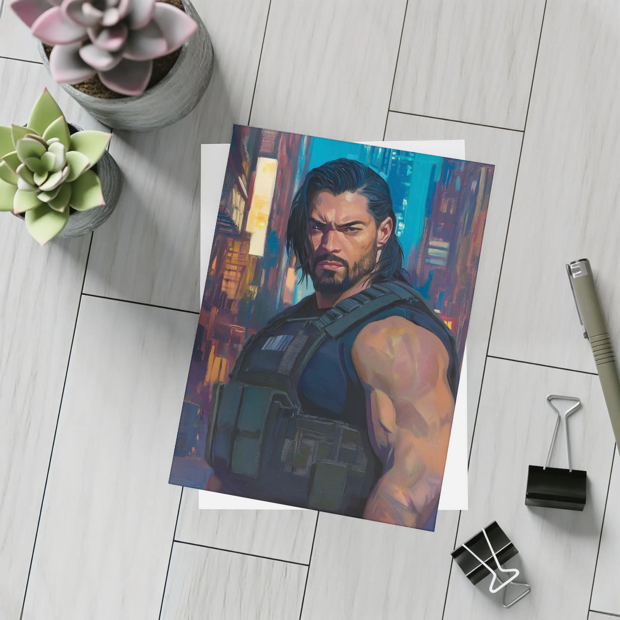 Muscular Warrior Oil Painting Neon City – Postcards