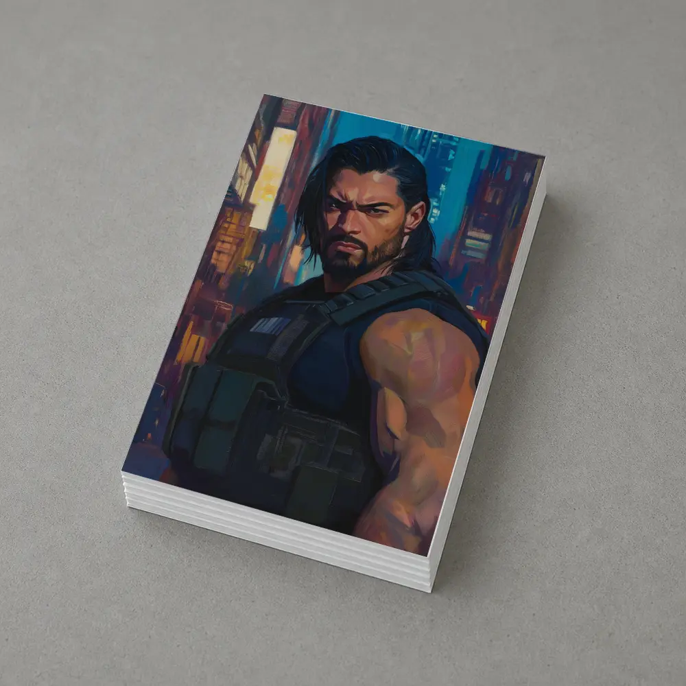 Muscular Warrior Oil Painting Neon City – Postcards