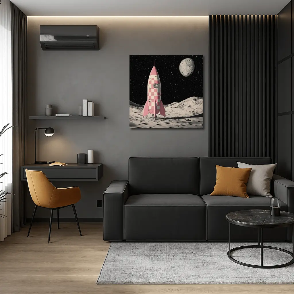 Pink Checkered Rocket Ship On Moon – Wall Art