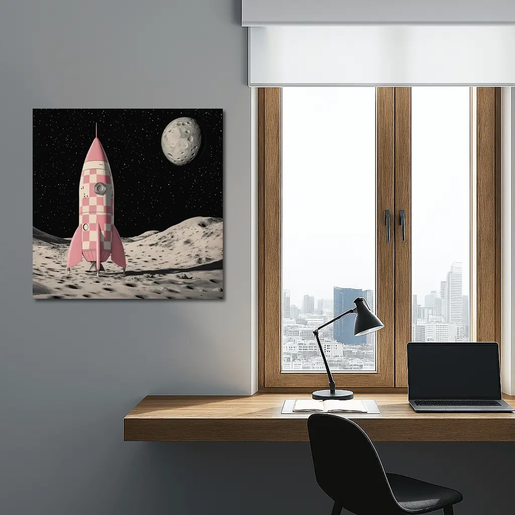 Pink Checkered Rocket Ship On Moon – Wall Art