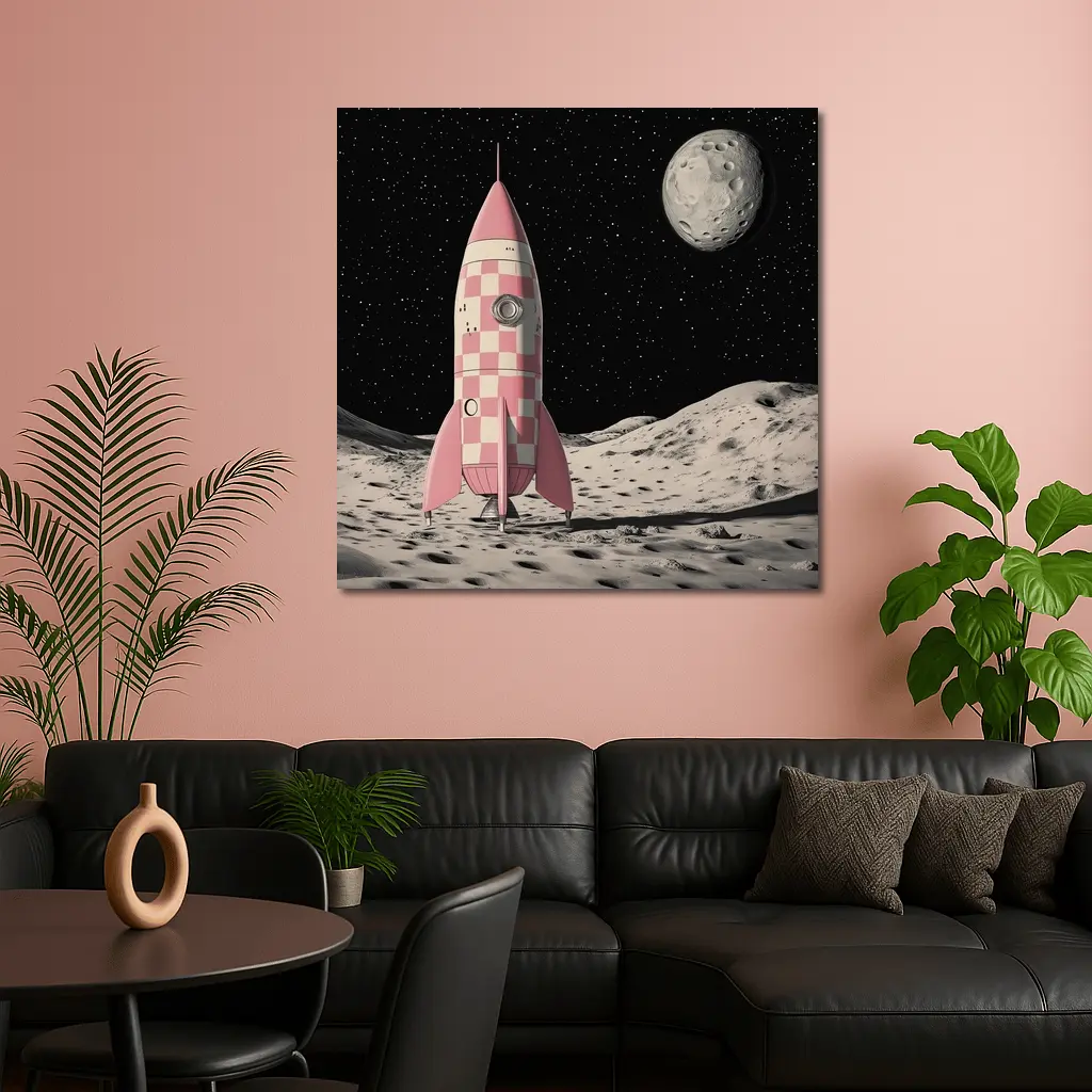 Pink Checkered Rocket Ship On Moon – Wall Art