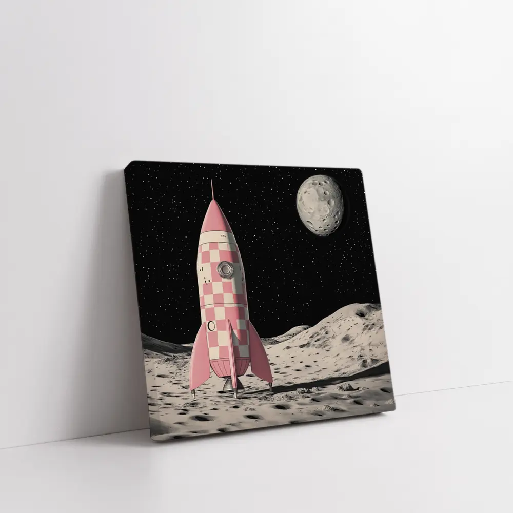 Pink Checkered Rocket Ship On Moon – Wall Art
