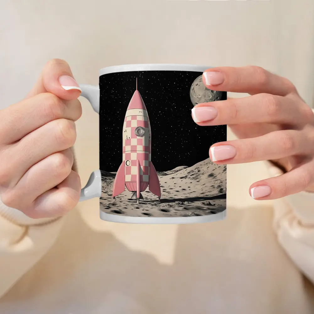 Pink Checkered Rocket Ship On Moon – Mugs