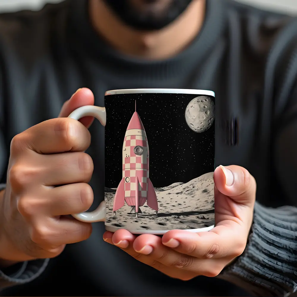 Pink Checkered Rocket Ship On Moon – Mugs