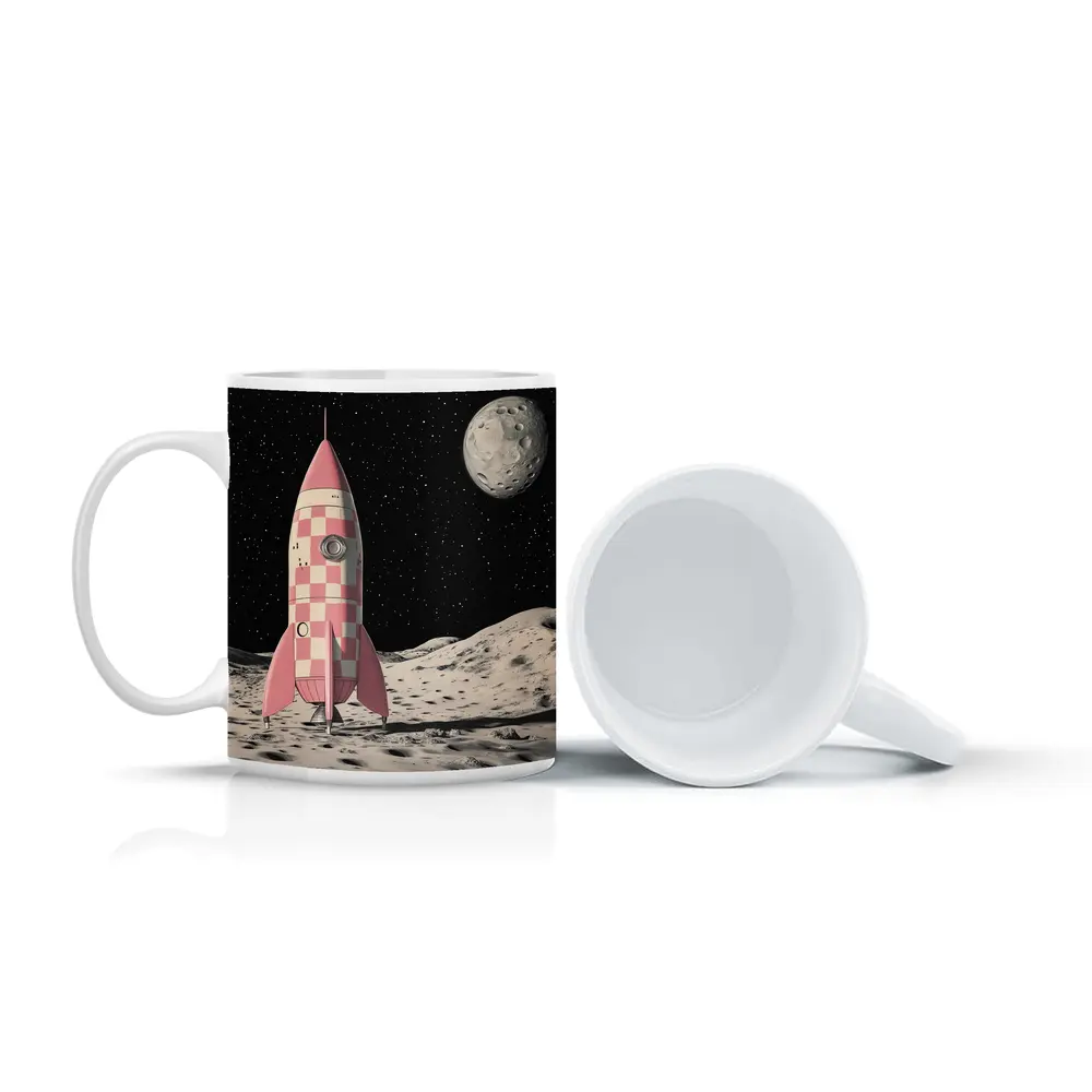 Pink Checkered Rocket Ship On Moon – Mugs
