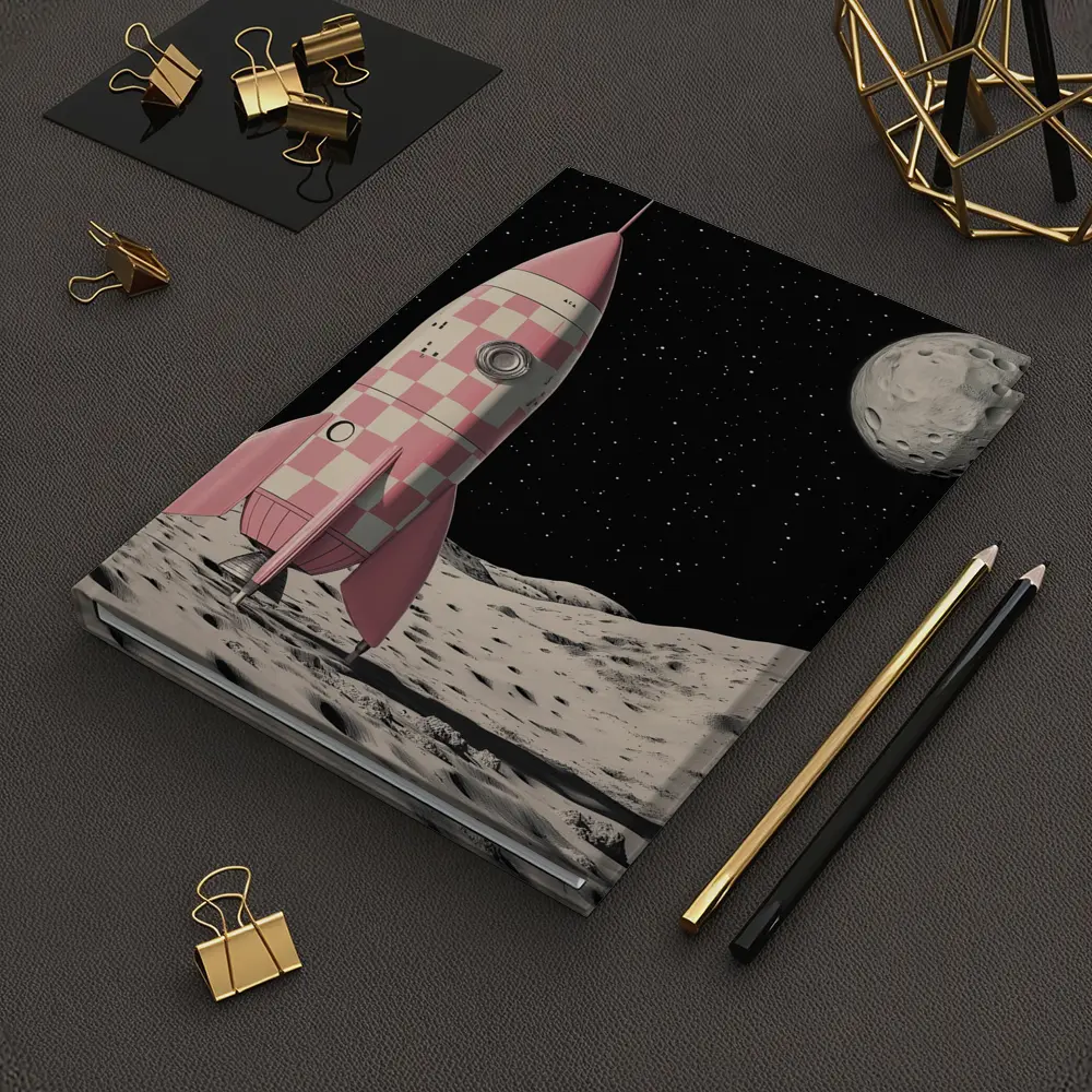 Pink Checkered Rocket Ship On Moon – Notebooks