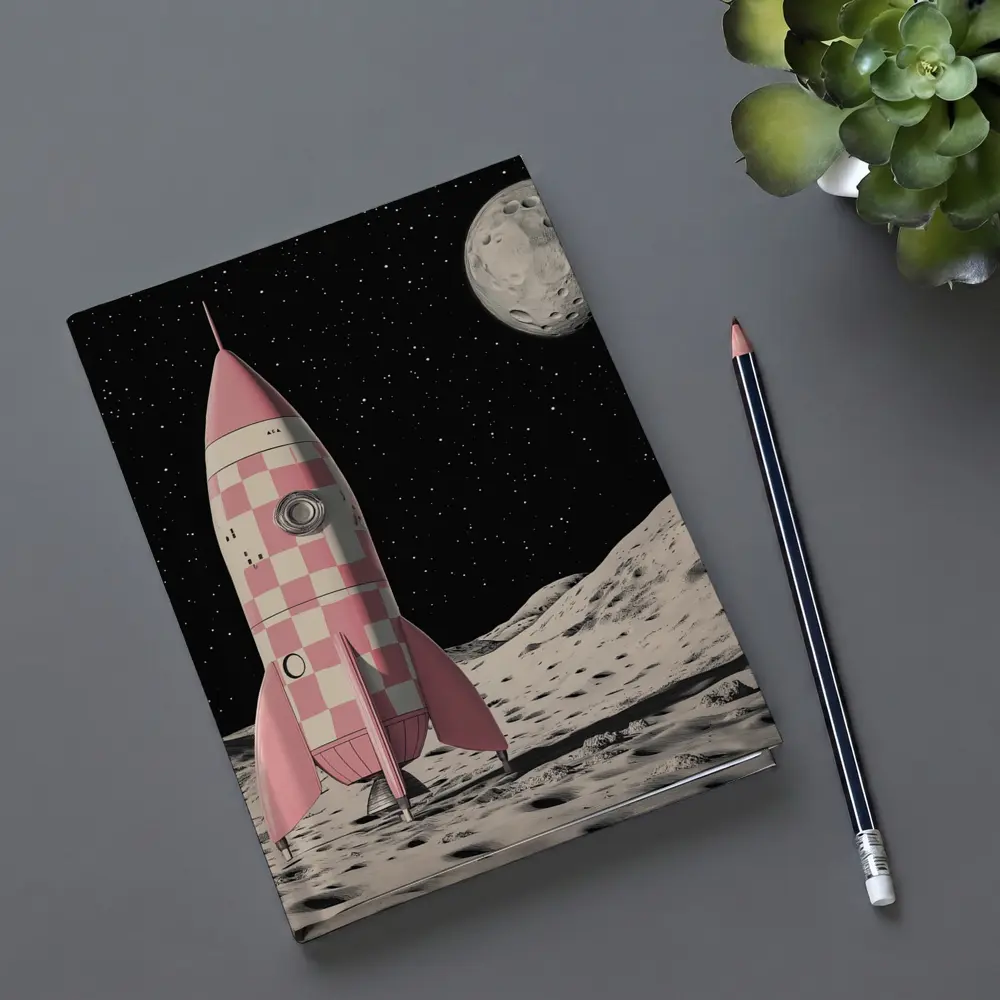 Pink Checkered Rocket Ship On Moon – Notebooks
