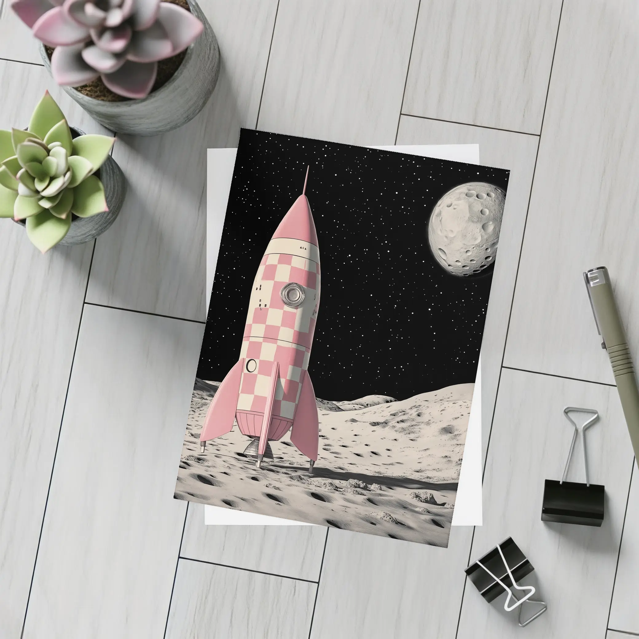 Pink Checkered Rocket Ship On Moon – Postcards
