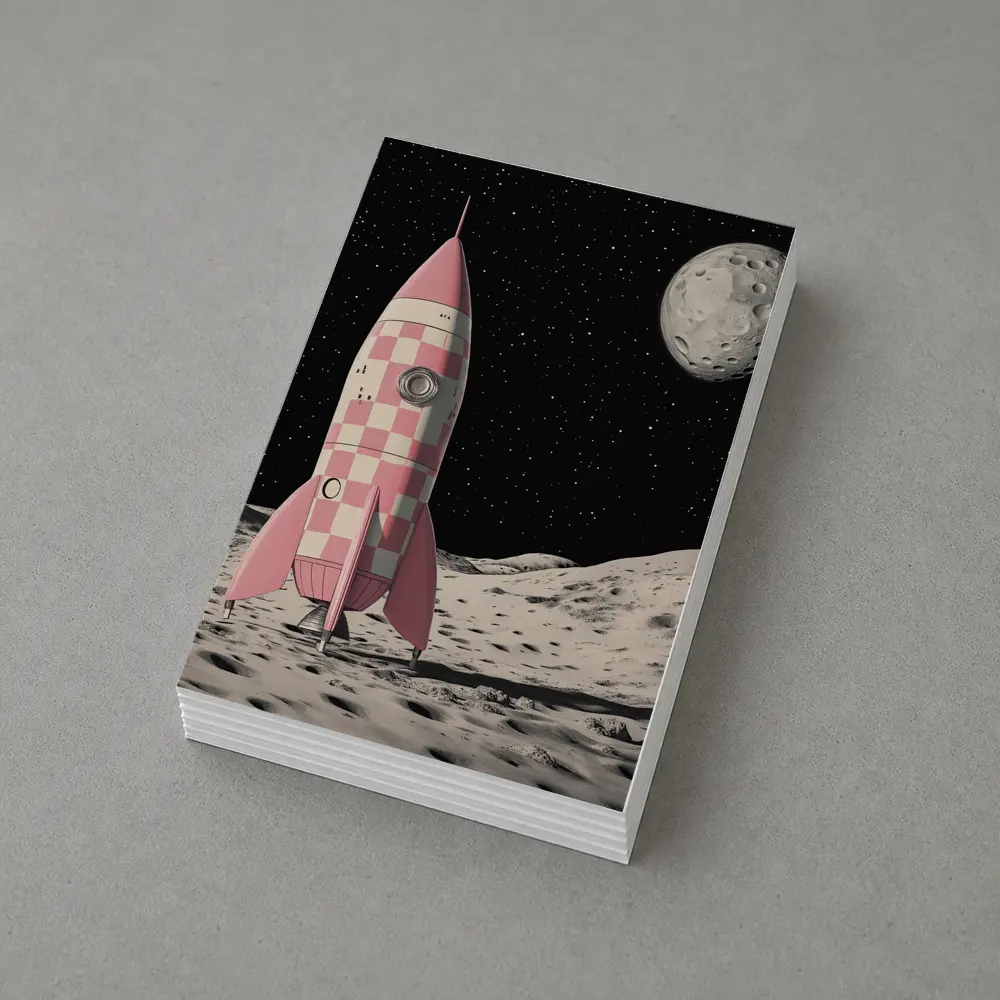 Pink Checkered Rocket Ship On Moon – Postcards