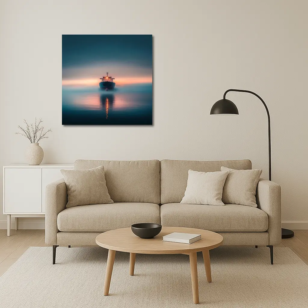 Cargo Ship Sailing Misty Ocean at Sunset – Wall Art