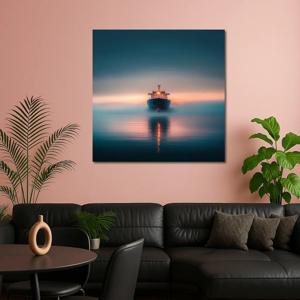 Cargo Ship Sailing Misty Ocean at Sunset – Wall Art