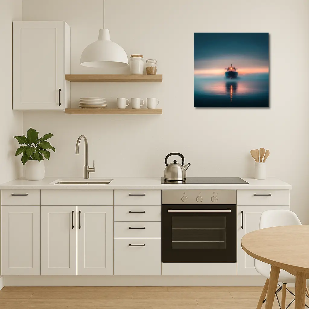 Cargo Ship Sailing Misty Ocean at Sunset – Wall Art