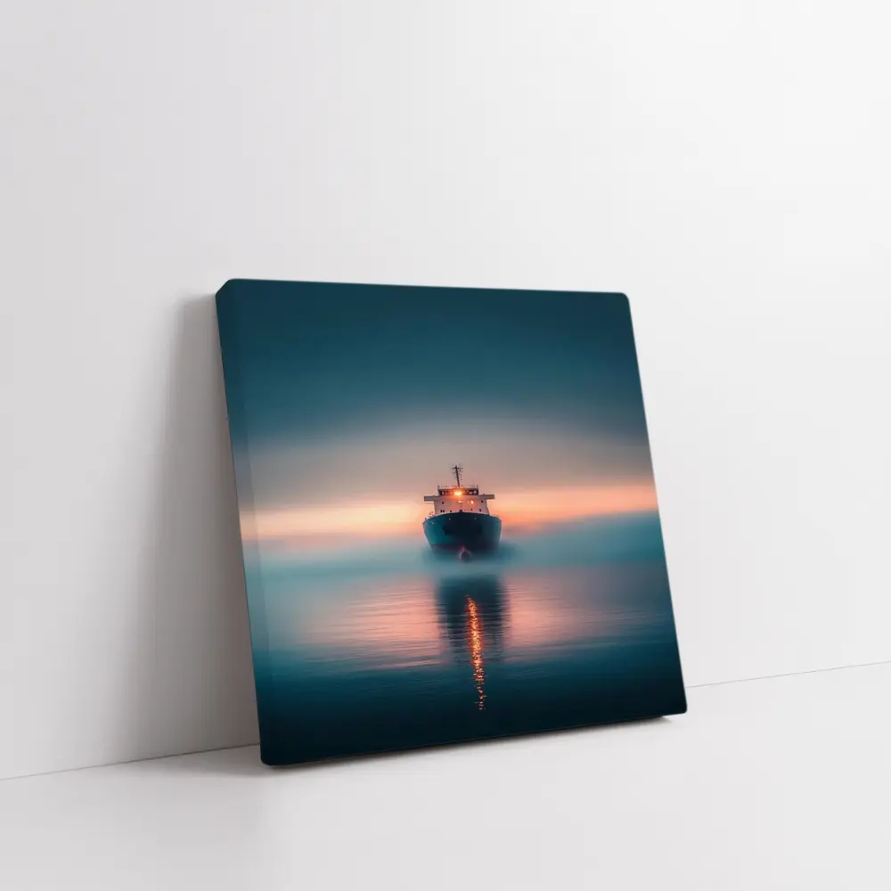 Cargo Ship Sailing Misty Ocean at Sunset – Wall Art