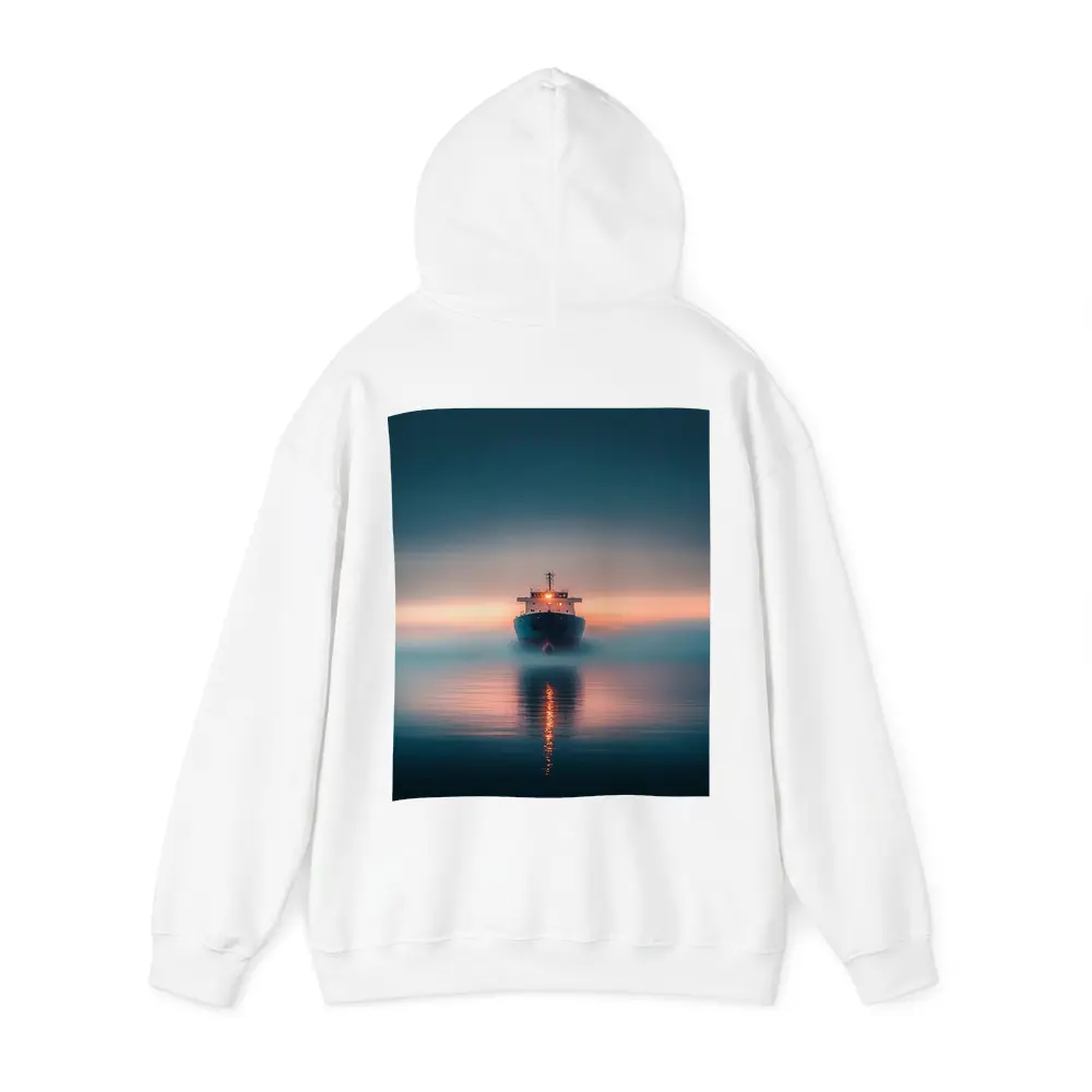 Cargo Ship Sailing Misty Ocean at Sunset – Hoodies