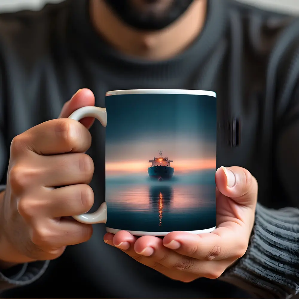 Cargo Ship Sailing Misty Ocean at Sunset – Mugs