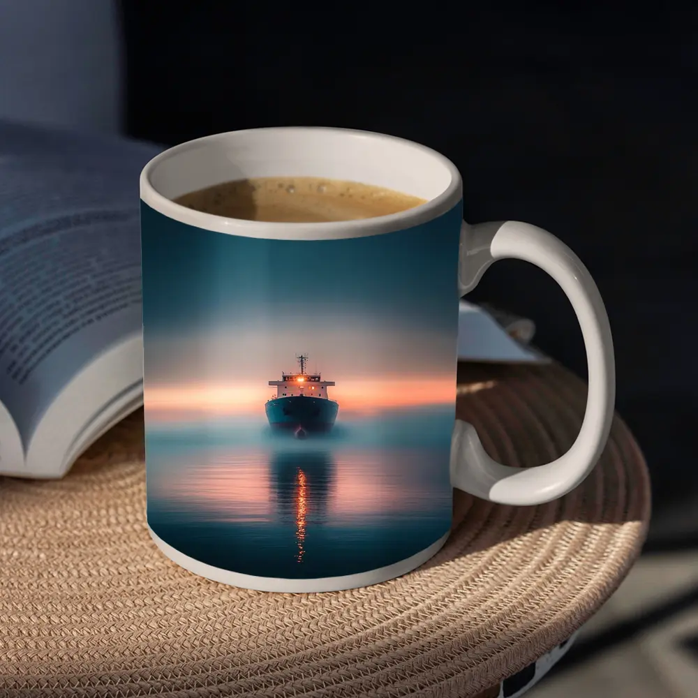 Cargo Ship Sailing Misty Ocean at Sunset – Mugs