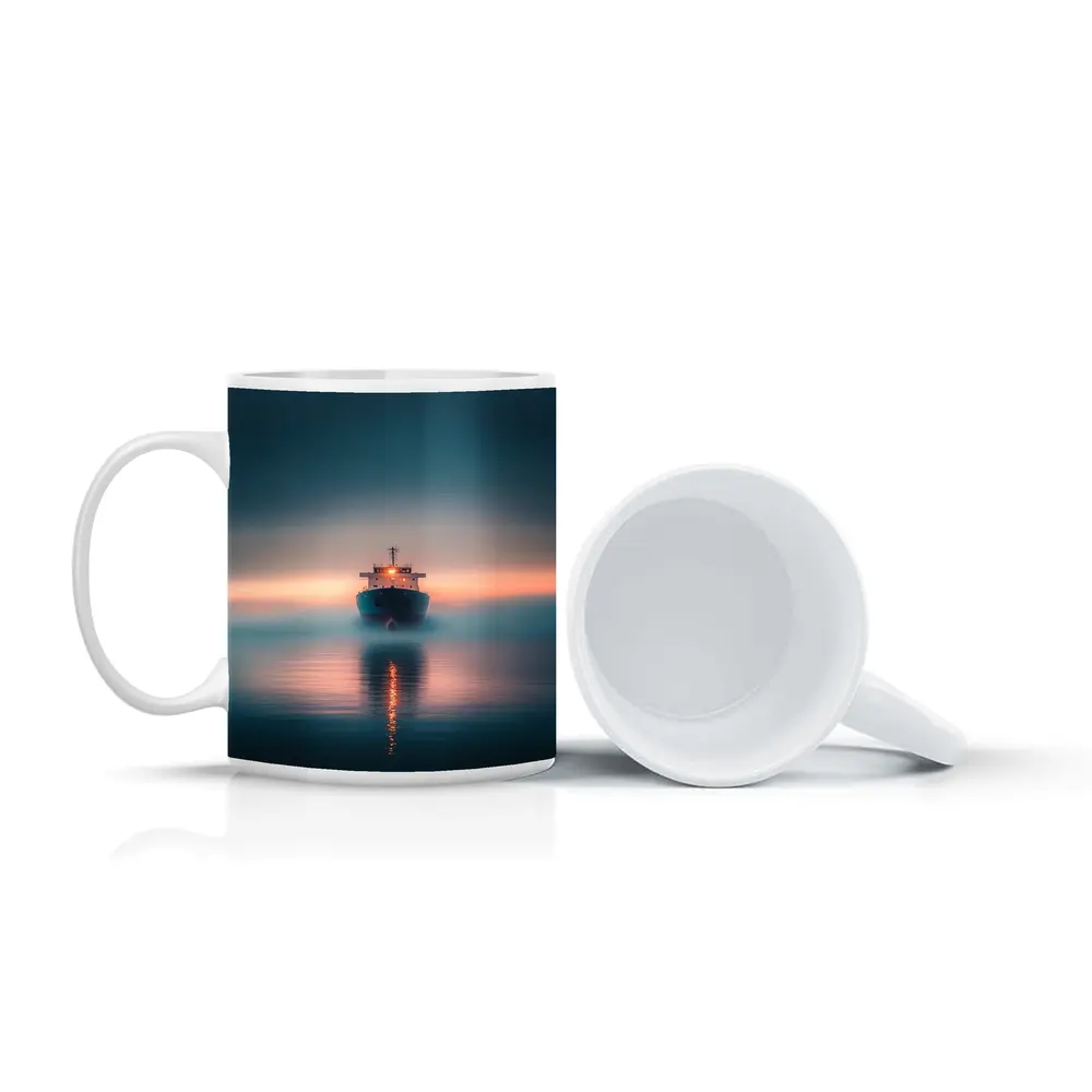 Cargo Ship Sailing Misty Ocean at Sunset – Mugs
