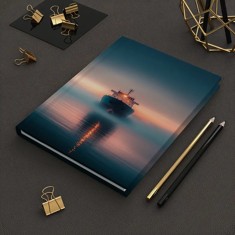 Cargo Ship Sailing Misty Ocean at Sunset – Notebooks