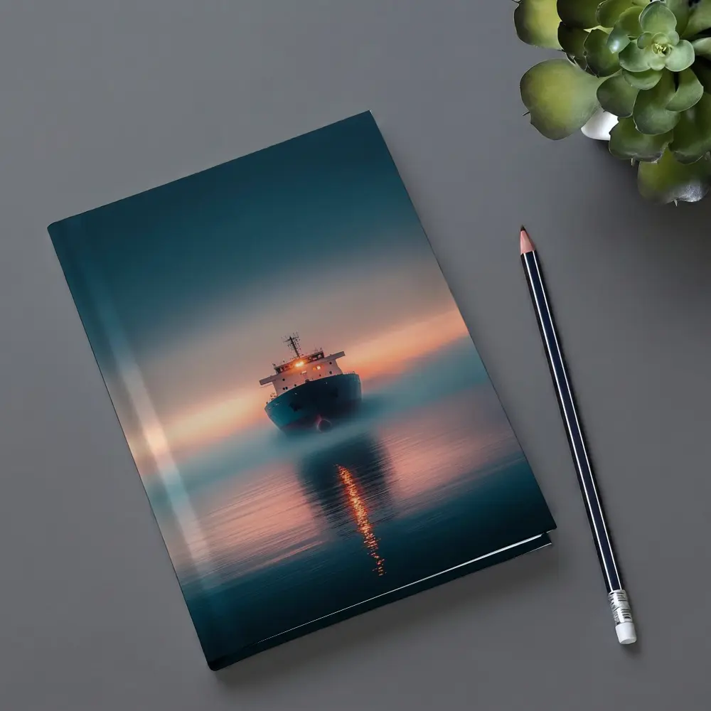 Cargo Ship Sailing Misty Ocean at Sunset – Notebooks