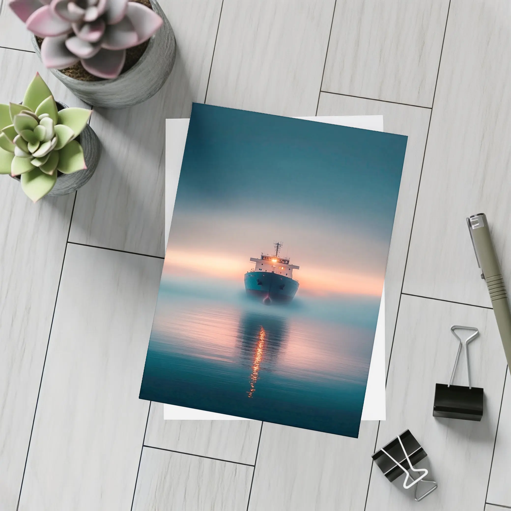 Cargo Ship Sailing Misty Ocean at Sunset – Postcards