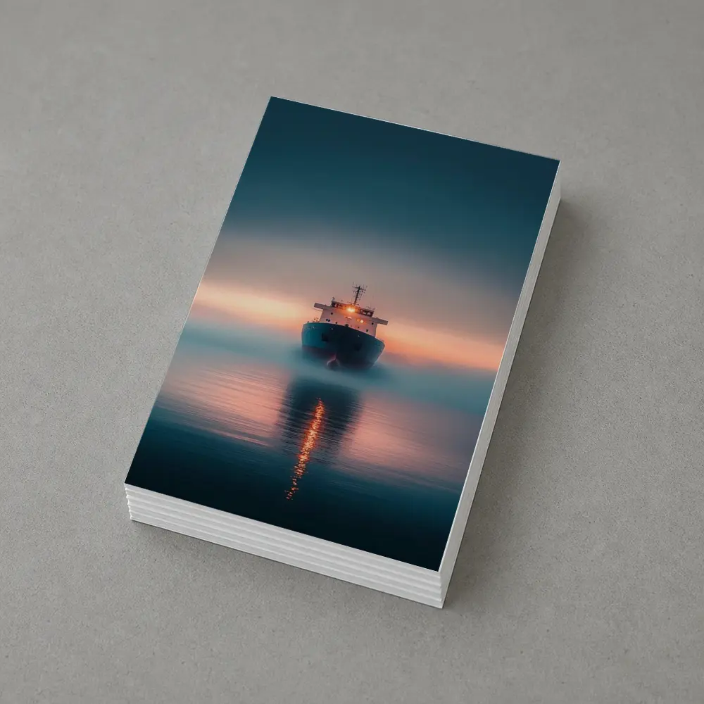Cargo Ship Sailing Misty Ocean at Sunset – Postcards