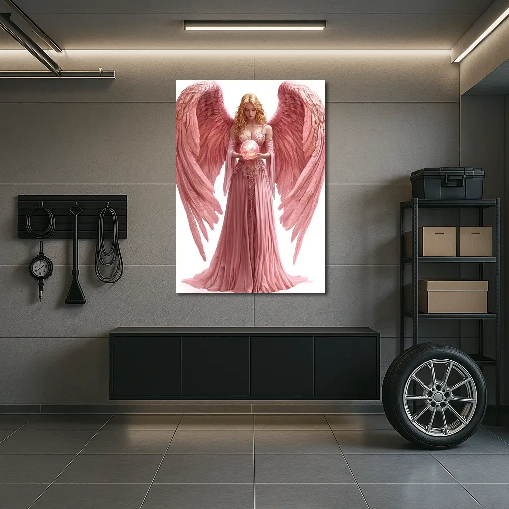 Pink Angel Woman Holding Glowing Orb – Wall Art