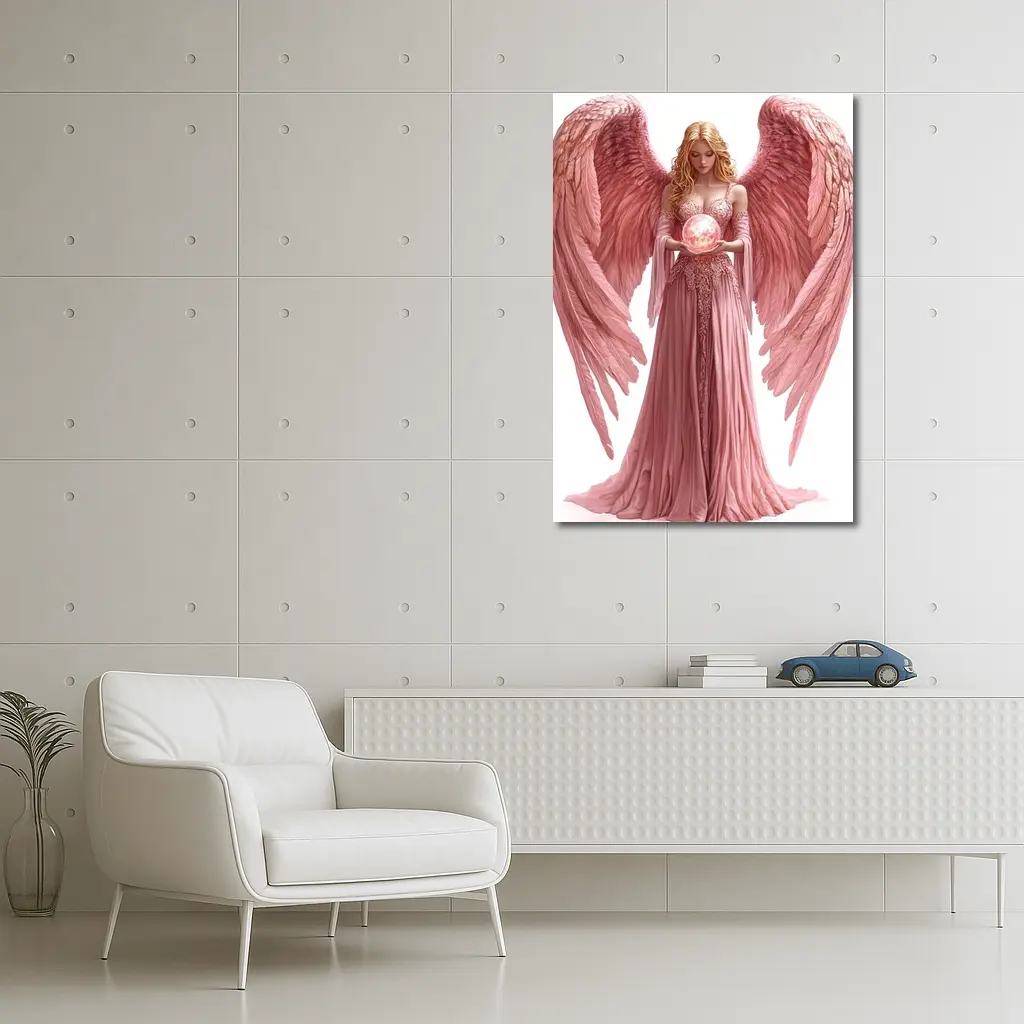 Pink Angel Woman Holding Glowing Orb – Wall Art