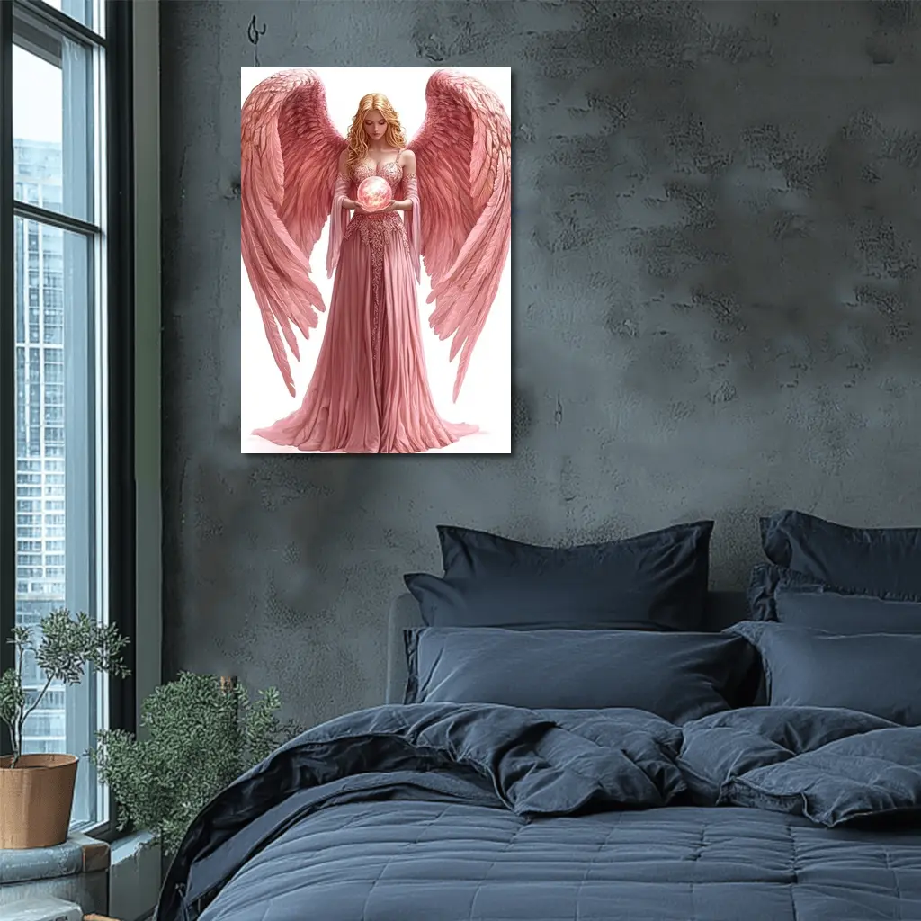 Pink Angel Woman Holding Glowing Orb – Wall Art