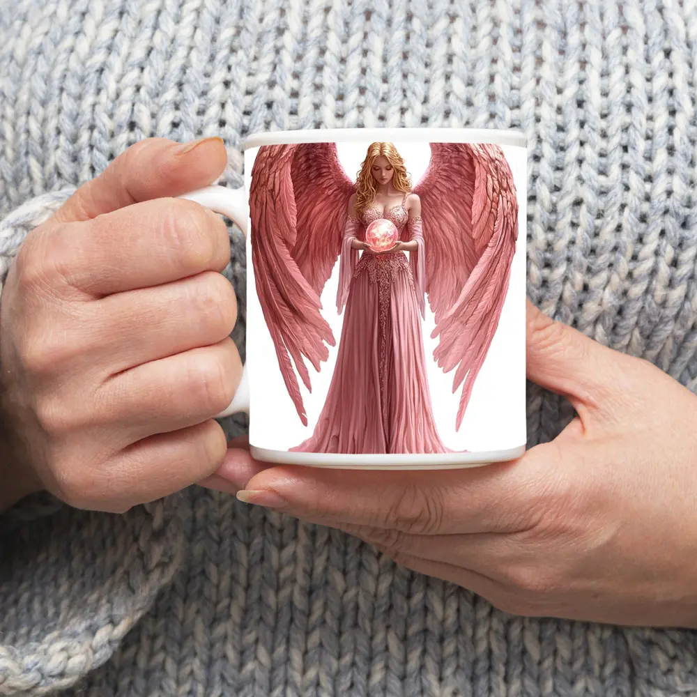 Pink Angel Woman Holding Glowing Orb – Mugs