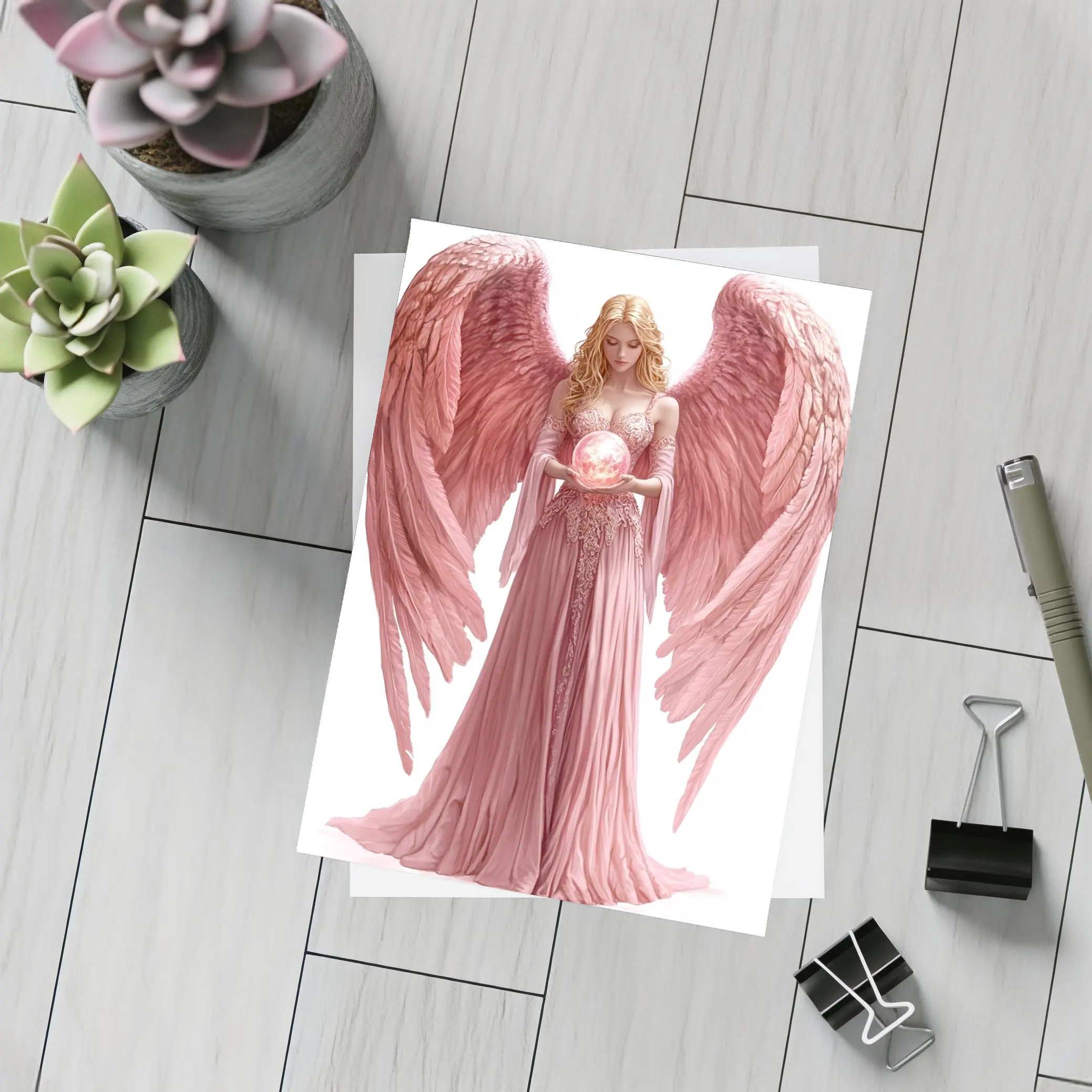 Pink Angel Woman Holding Glowing Orb – Postcards